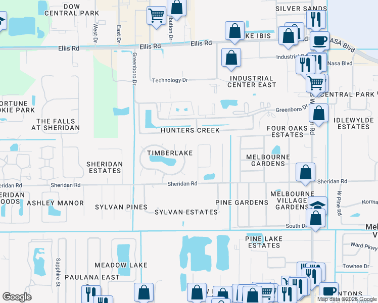 map of restaurants, bars, coffee shops, grocery stores, and more near 7917 Timberlake Drive in Melbourne
