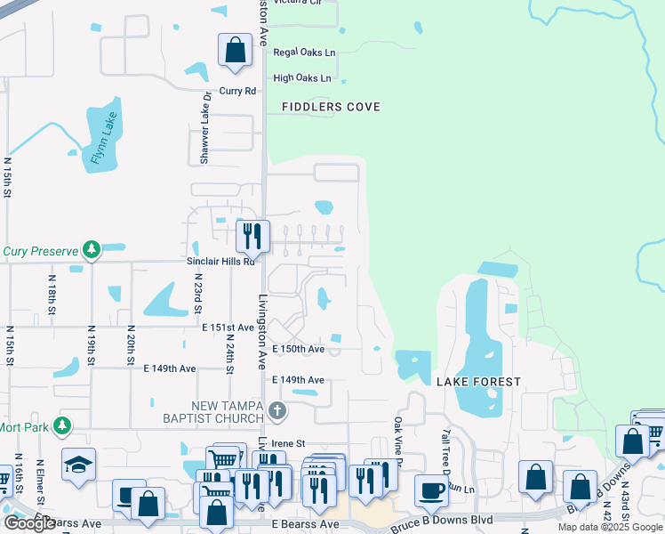 map of restaurants, bars, coffee shops, grocery stores, and more near 2608 Rustic Ridge Loop in Lutz