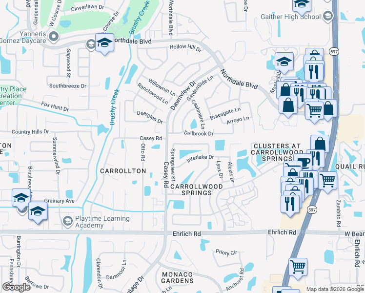 map of restaurants, bars, coffee shops, grocery stores, and more near 15143 Springview Street in Tampa