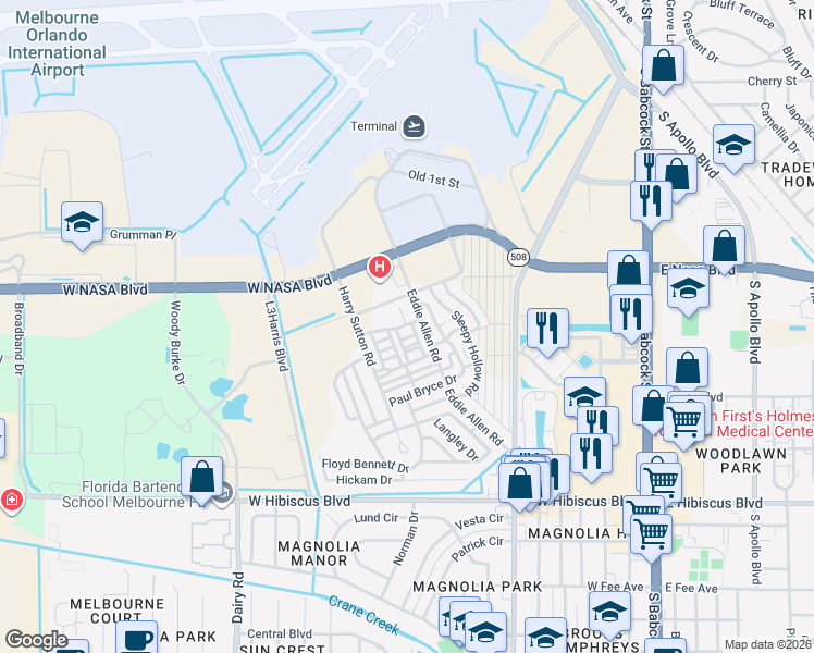 map of restaurants, bars, coffee shops, grocery stores, and more near 1123-1153 Eddie Allen Road in Melbourne