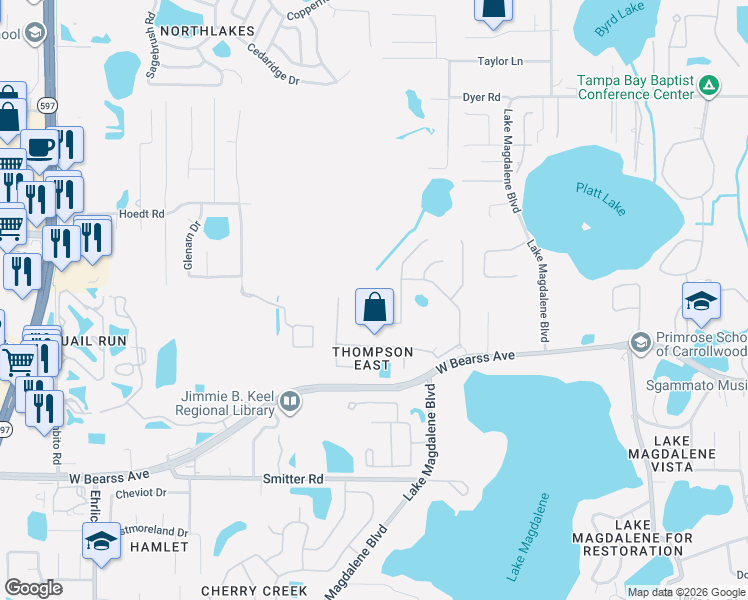 map of restaurants, bars, coffee shops, grocery stores, and more near 2213 Climbing Ivy Drive in Tampa