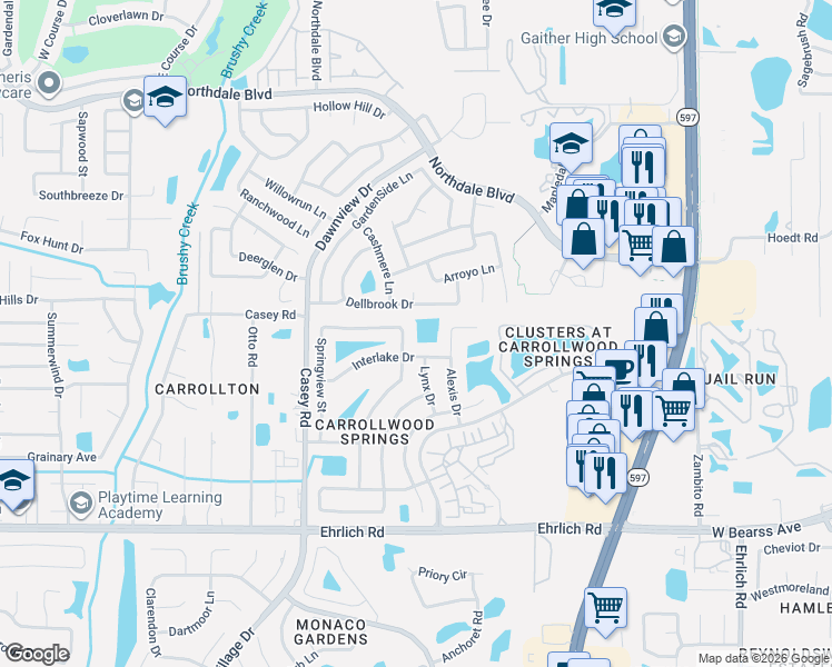 map of restaurants, bars, coffee shops, grocery stores, and more near 4030 Dellbrook Drive in Tampa