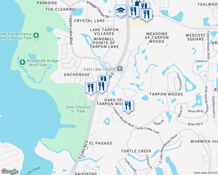 map of restaurants, bars, coffee shops, grocery stores, and more near 2690 Tanglewood Trail in Palm Harbor