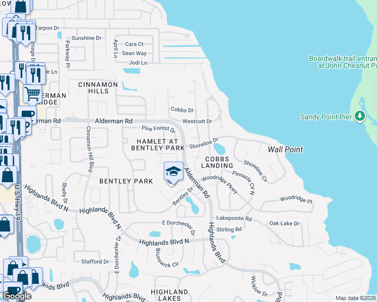 map of restaurants, bars, coffee shops, grocery stores, and more near 3326 Cobbs Circle in Palm Harbor