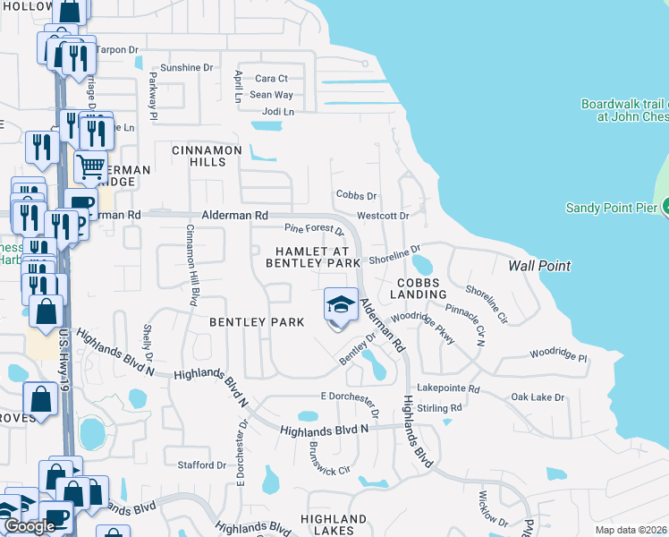 map of restaurants, bars, coffee shops, grocery stores, and more near 3258 Pine Forest Court in Palm Harbor