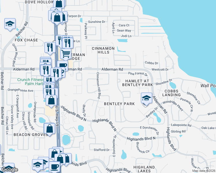 map of restaurants, bars, coffee shops, grocery stores, and more near 2973 Macalpin Drive South in Palm Harbor