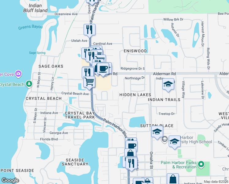 map of restaurants, bars, coffee shops, grocery stores, and more near 131 Ramona Circle in Palm Harbor