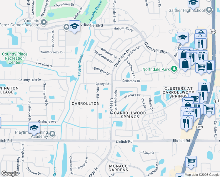 map of restaurants, bars, coffee shops, grocery stores, and more near 15508 Casey Road Extension in Greater Northdale