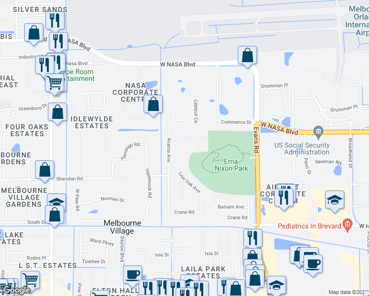 map of restaurants, bars, coffee shops, grocery stores, and more near 658 North Wildwood Lane in Melbourne