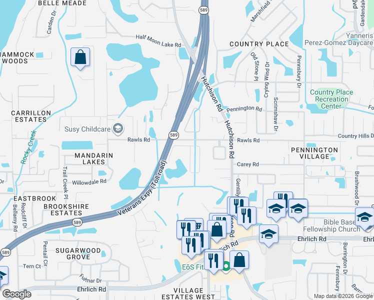 map of restaurants, bars, coffee shops, grocery stores, and more near 15505 Lake Bella Vista Drive in Tampa