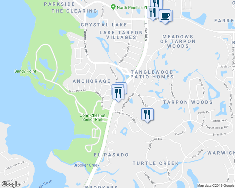 map of restaurants, bars, coffee shops, grocery stores, and more near 3052 East Lake Road South in Palm Harbor