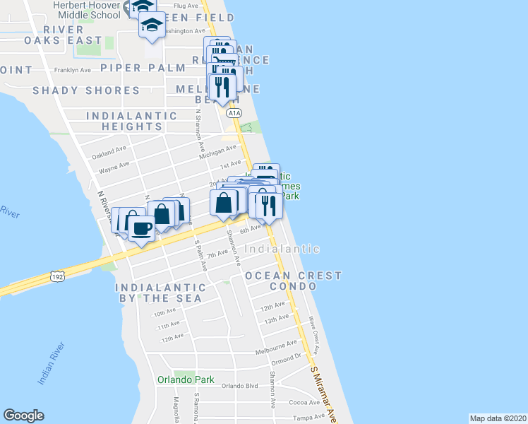 map of restaurants, bars, coffee shops, grocery stores, and more near 3 South Highway A1A in Indialantic
