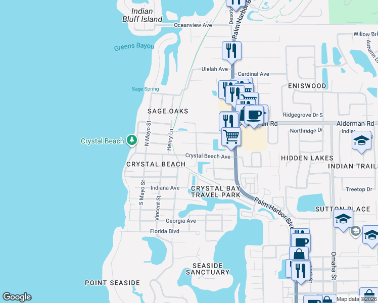 map of restaurants, bars, coffee shops, grocery stores, and more near 306 Ontario Avenue in Palm Harbor