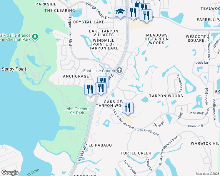 map of restaurants, bars, coffee shops, grocery stores, and more near 2676 Tanglewood Trail in Palm Harbor