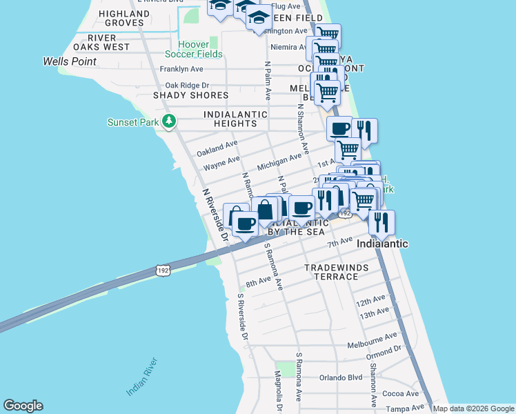 map of restaurants, bars, coffee shops, grocery stores, and more near 400 2nd Avenue in Indialantic