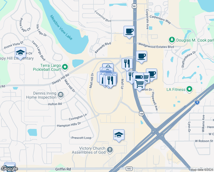map of restaurants, bars, coffee shops, grocery stores, and more near 3800 U.S. 98 in Lakeland