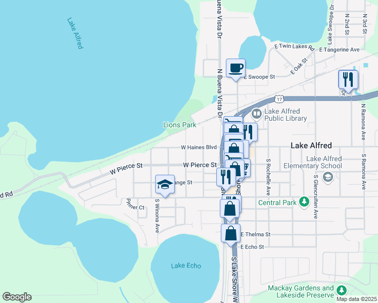 map of restaurants, bars, coffee shops, grocery stores, and more near 350 West Haines Boulevard in Lake Alfred