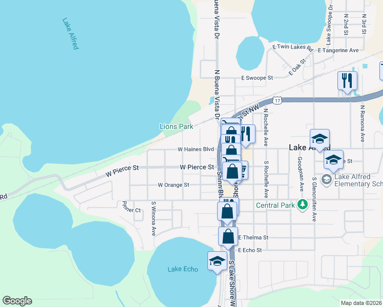 map of restaurants, bars, coffee shops, grocery stores, and more near 350 West Haines Boulevard in Lake Alfred