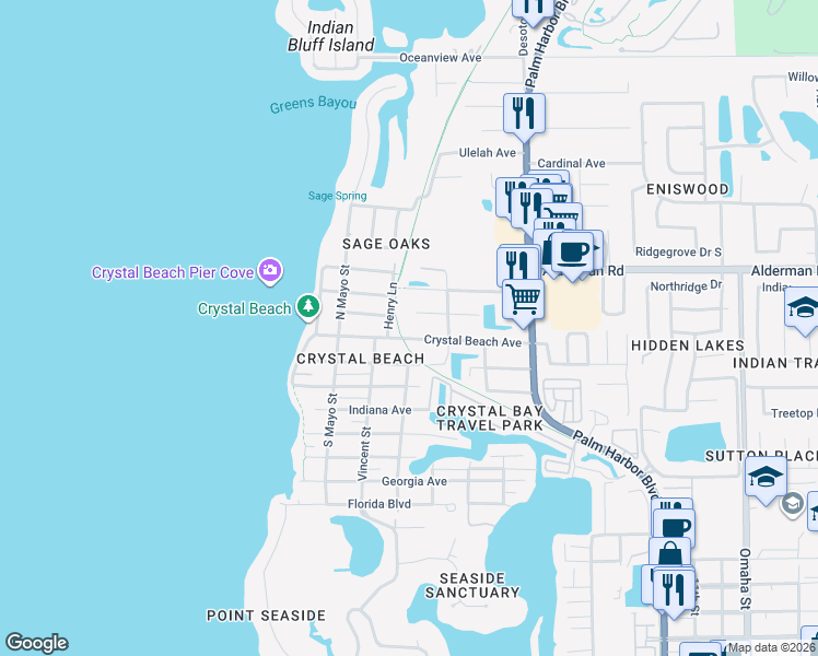 map of restaurants, bars, coffee shops, grocery stores, and more near 380 Crystal Beach Avenue in Palm Harbor
