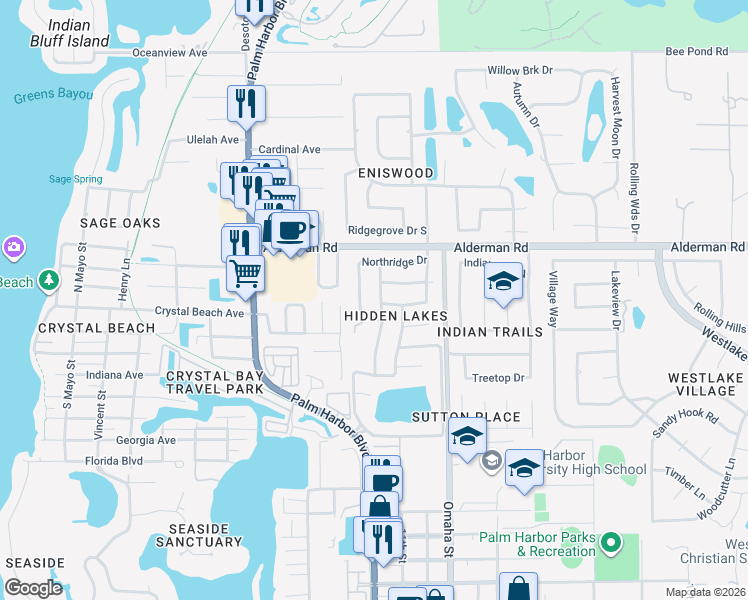 map of restaurants, bars, coffee shops, grocery stores, and more near 2554 Rolling Oaks Drive in Palm Harbor