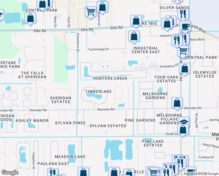 map of restaurants, bars, coffee shops, grocery stores, and more near 7926 Timberlake Drive in Melbourne