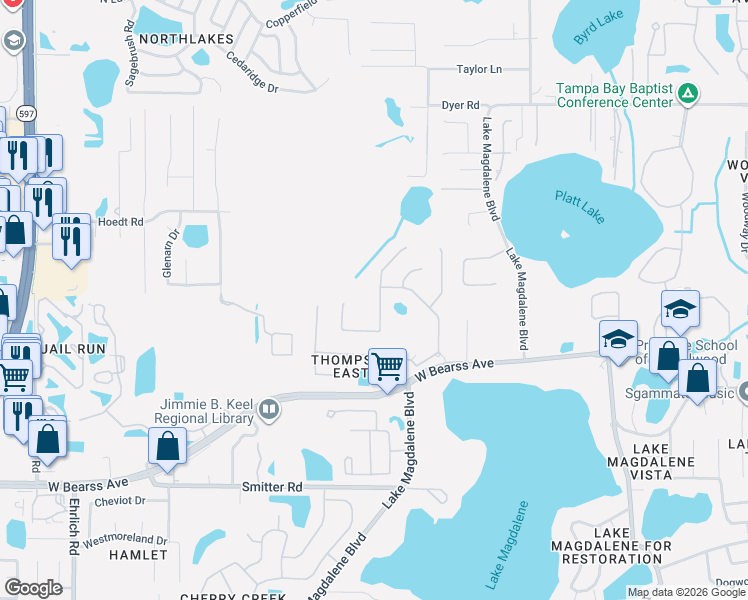map of restaurants, bars, coffee shops, grocery stores, and more near 2213 Climbing Ivy Drive in Tampa