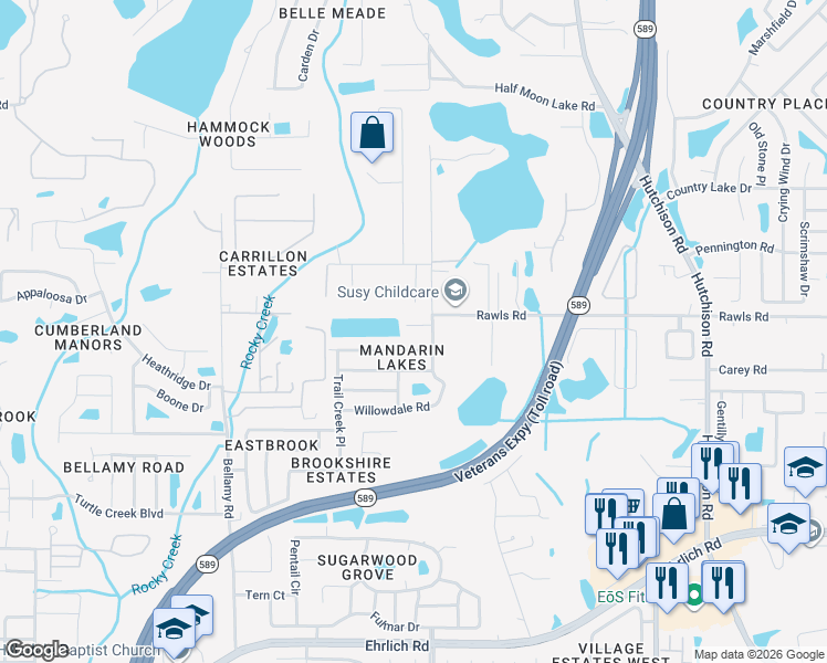 map of restaurants, bars, coffee shops, grocery stores, and more near 5806 Lady Bug Court in Tampa