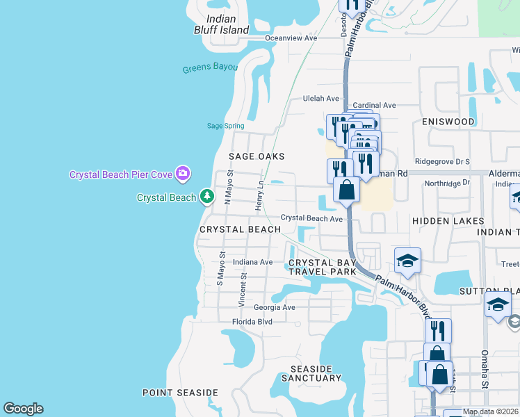 map of restaurants, bars, coffee shops, grocery stores, and more near 400 Crystal Beach Avenue in Palm Harbor