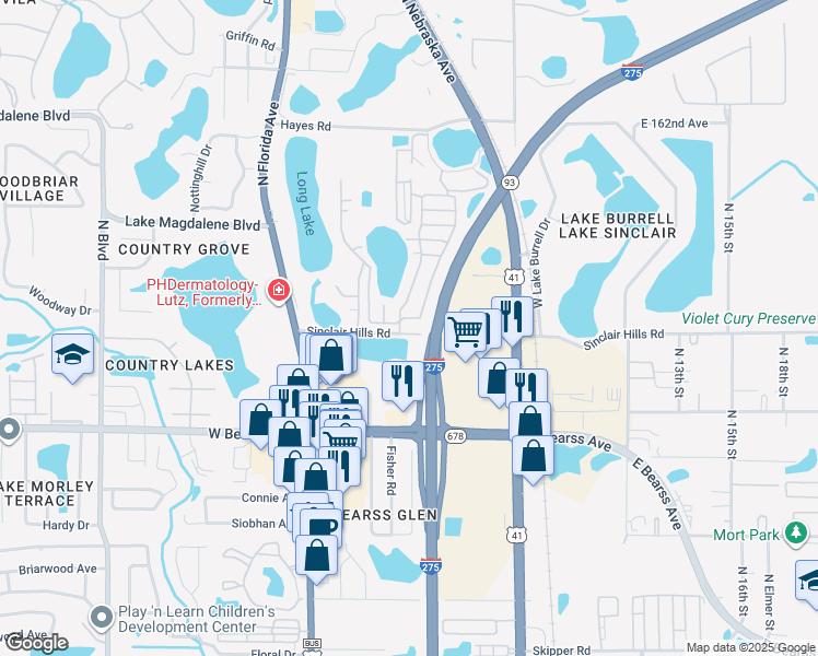 map of restaurants, bars, coffee shops, grocery stores, and more near 404 Sinclair Hills Road in Tampa