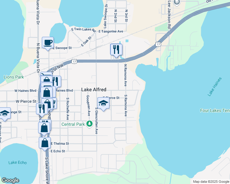 map of restaurants, bars, coffee shops, grocery stores, and more near 625 East Haines Boulevard in Lake Alfred