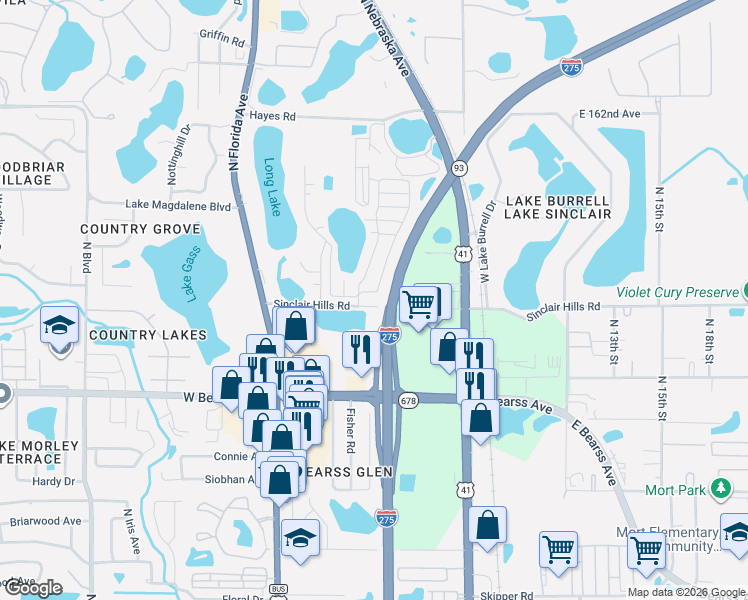 map of restaurants, bars, coffee shops, grocery stores, and more near 15415 Lakeshore Villa Drive in Tampa