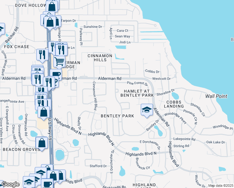 map of restaurants, bars, coffee shops, grocery stores, and more near 2620 Bentley Drive in Palm Harbor