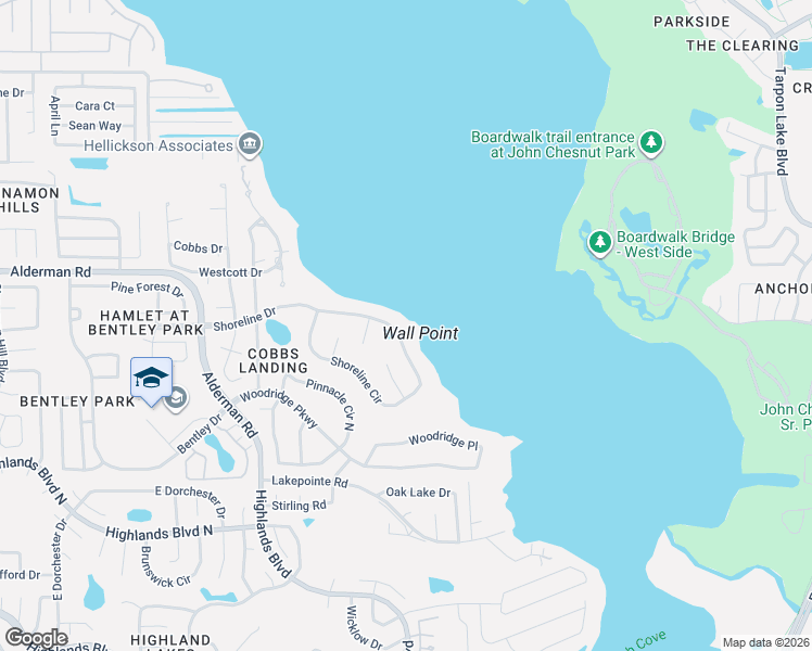 map of restaurants, bars, coffee shops, grocery stores, and more near 3493 Shoreline Circle in Palm Harbor