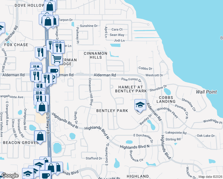 map of restaurants, bars, coffee shops, grocery stores, and more near 2620 Bentley Drive in Palm Harbor