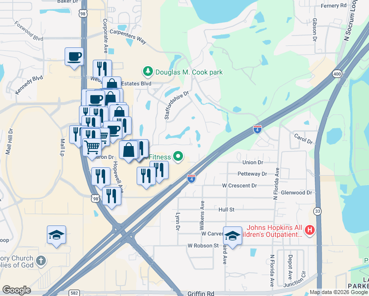 map of restaurants, bars, coffee shops, grocery stores, and more near 639 Rockingham Road in Lakeland
