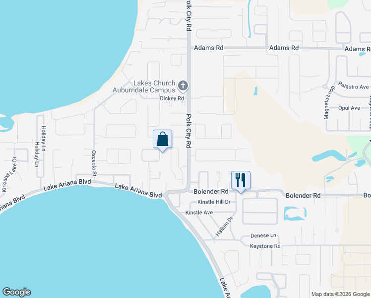 map of restaurants, bars, coffee shops, grocery stores, and more near 305 Polk City Road in Auburndale