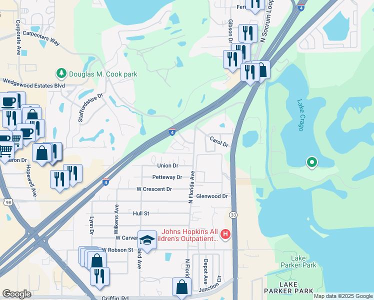 map of restaurants, bars, coffee shops, grocery stores, and more near 222 Carpenters Way in Lakeland