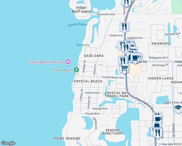 map of restaurants, bars, coffee shops, grocery stores, and more near 501 Ontario Avenue in Palm Harbor