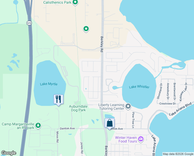 map of restaurants, bars, coffee shops, grocery stores, and more near 724 Berkley Pointe Drive in Auburndale