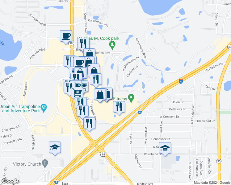 map of restaurants, bars, coffee shops, grocery stores, and more near 3933 Golf Village Loop in Lakeland