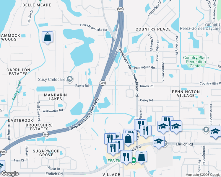 map of restaurants, bars, coffee shops, grocery stores, and more near 15505 Lake Bella Vista Drive in Tampa