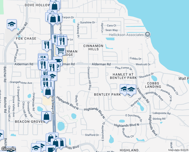 map of restaurants, bars, coffee shops, grocery stores, and more near 2973 Macalpin Drive South in Palm Harbor