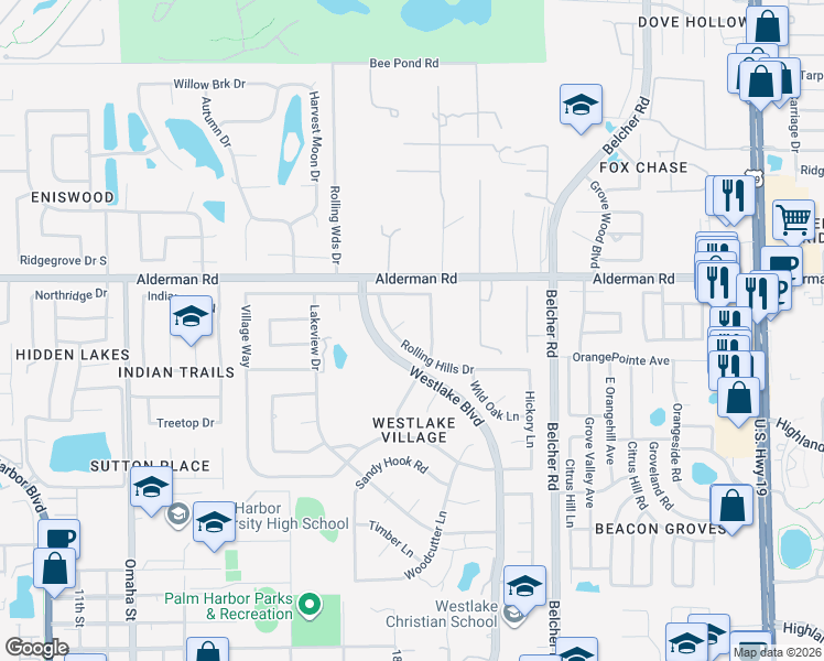 map of restaurants, bars, coffee shops, grocery stores, and more near 20 Pinetree Court in Palm Harbor