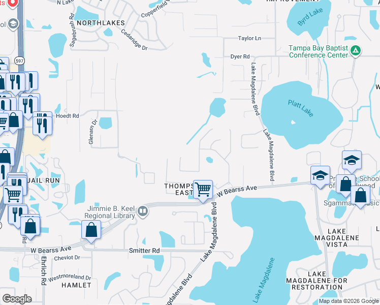 map of restaurants, bars, coffee shops, grocery stores, and more near 2213 Climbing Ivy Drive in Tampa