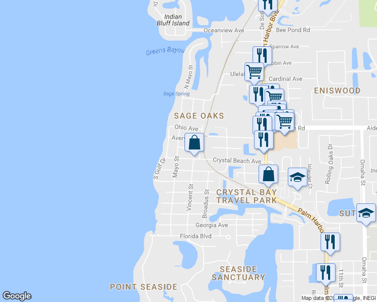 map of restaurants, bars, coffee shops, grocery stores, and more near 509 Ontario Avenue in Palm Harbor