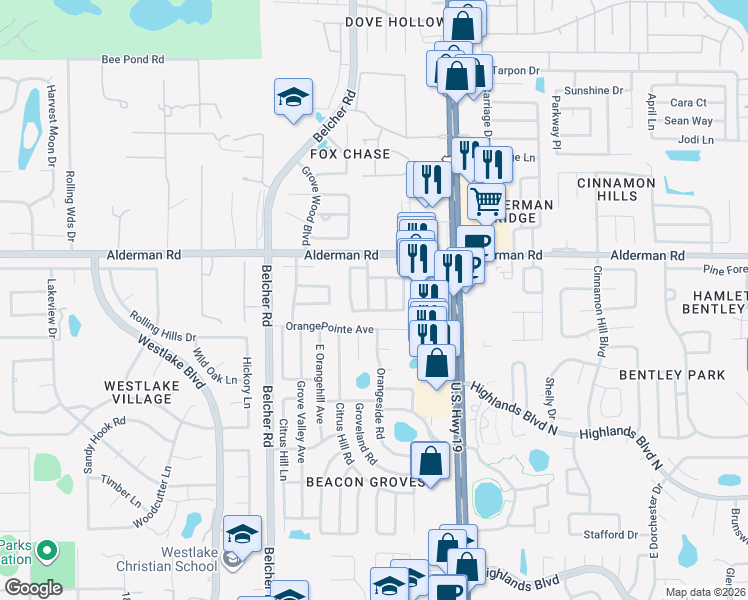 map of restaurants, bars, coffee shops, grocery stores, and more near 2591 Summit Street in Palm Harbor