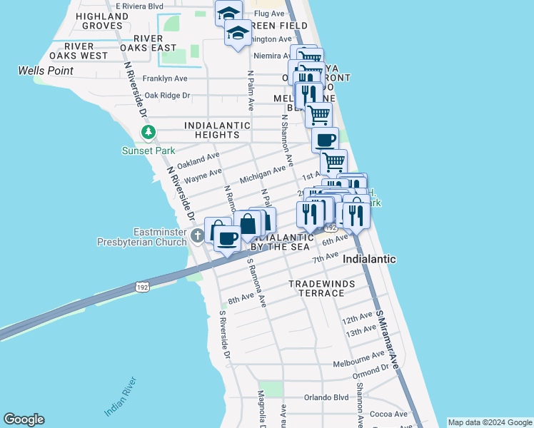 map of restaurants, bars, coffee shops, grocery stores, and more near 300 3rd Avenue in Indialantic