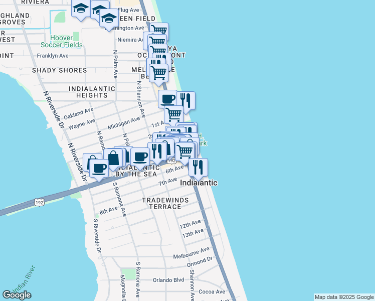 map of restaurants, bars, coffee shops, grocery stores, and more near 2 5th Avenue in Indialantic