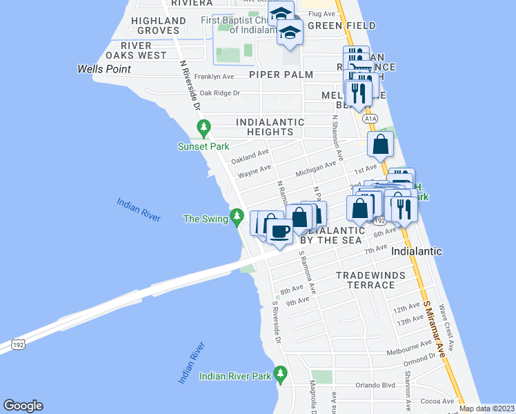 map of restaurants, bars, coffee shops, grocery stores, and more near 445 1st Avenue in Indialantic