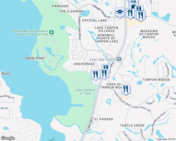 map of restaurants, bars, coffee shops, grocery stores, and more near 725 Windward Way in Palm Harbor